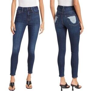 NWT Good American Good Waist Jeans Dark Wash Distressed Back Pockets Size 24 NEW